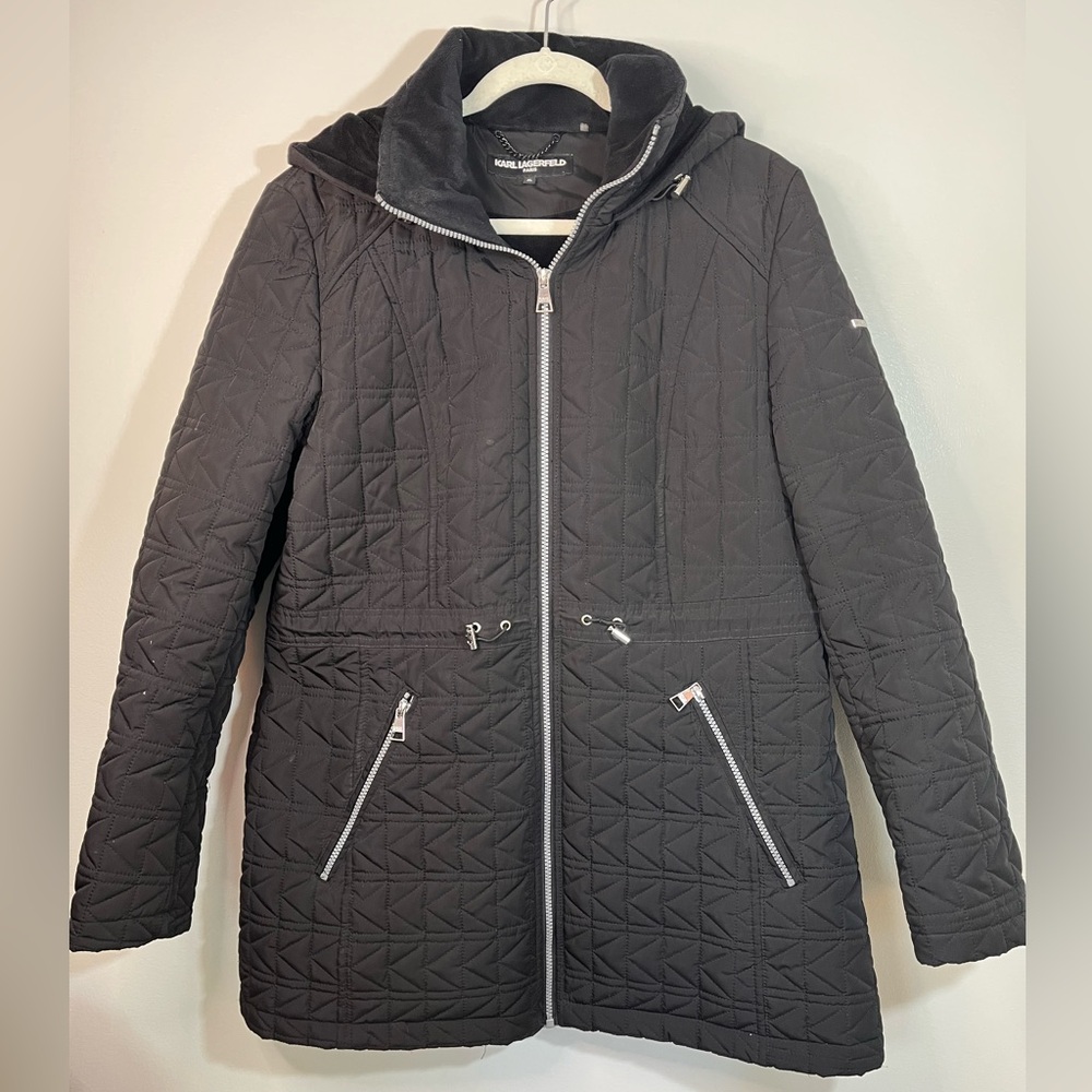 Karl Lagerfeld Women’s Black Quilted Fleece Lined Puffer Jacket Winter Coat XL